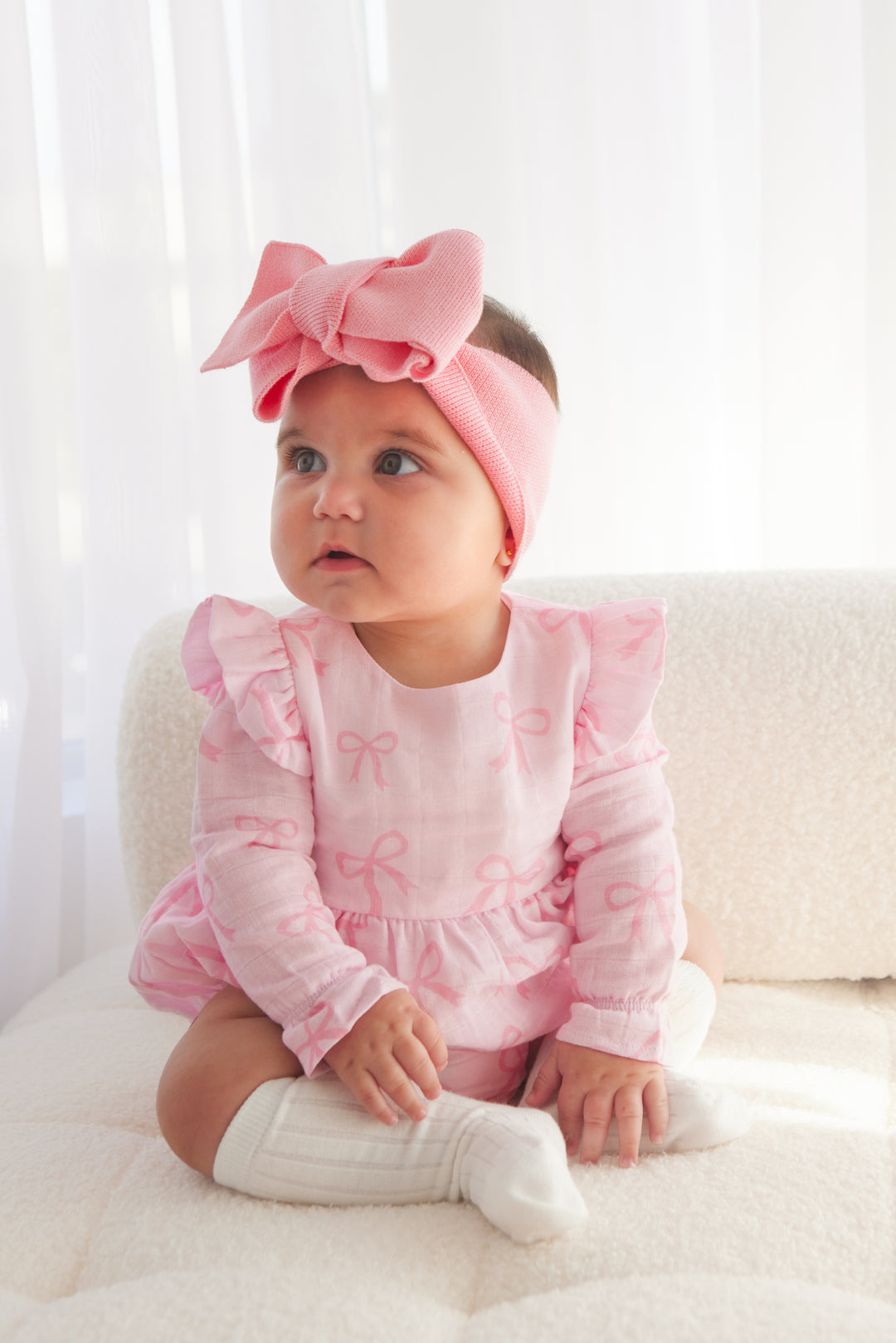 Muslin Frill Romper - Pink Bows