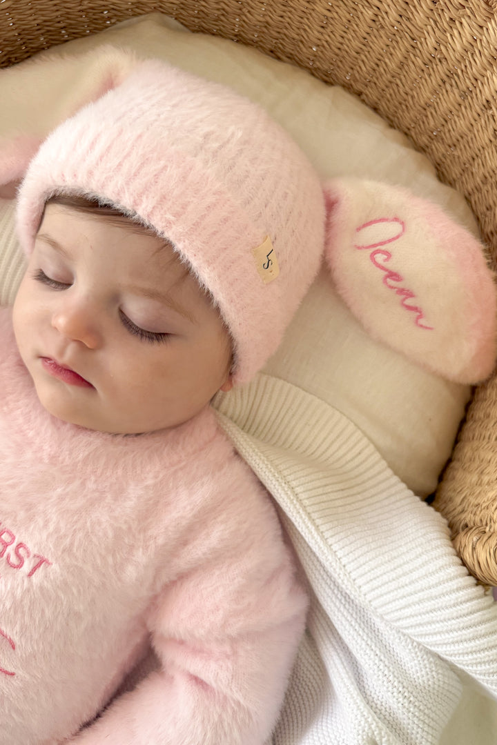 Bunny Fluffy Knitted Beanie - Pink