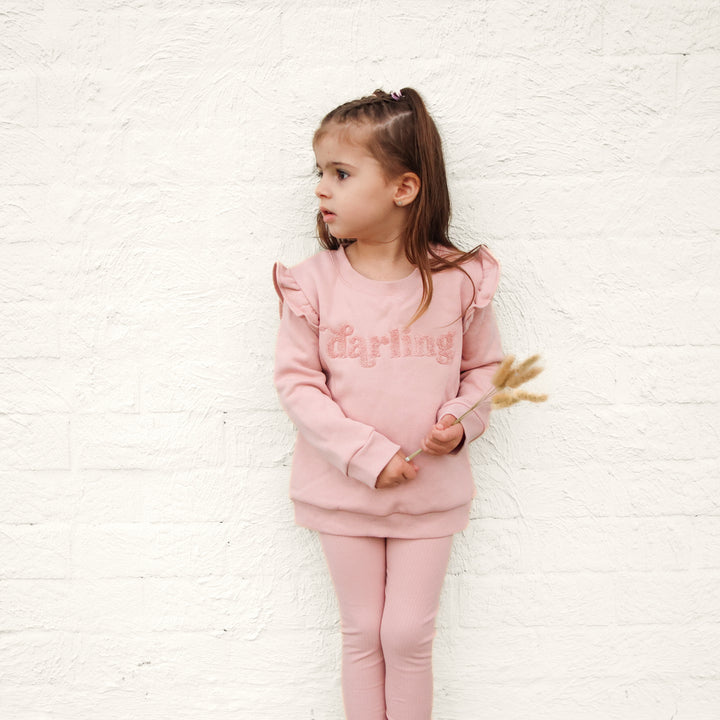 girls rosewood jumper with darling text