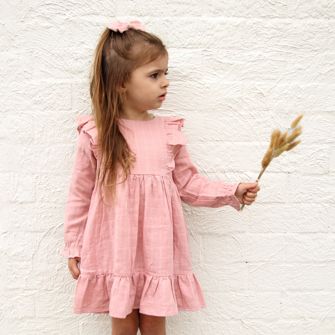 baby girl rosewood long sleeve muslin dress with frill