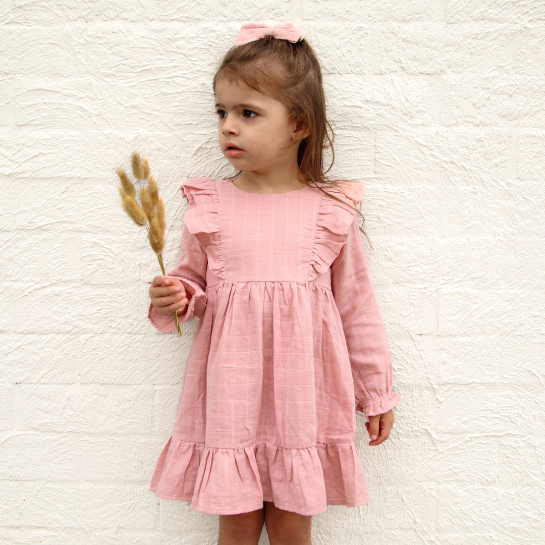 baby girl rosewood long sleeve muslin dress with frill
