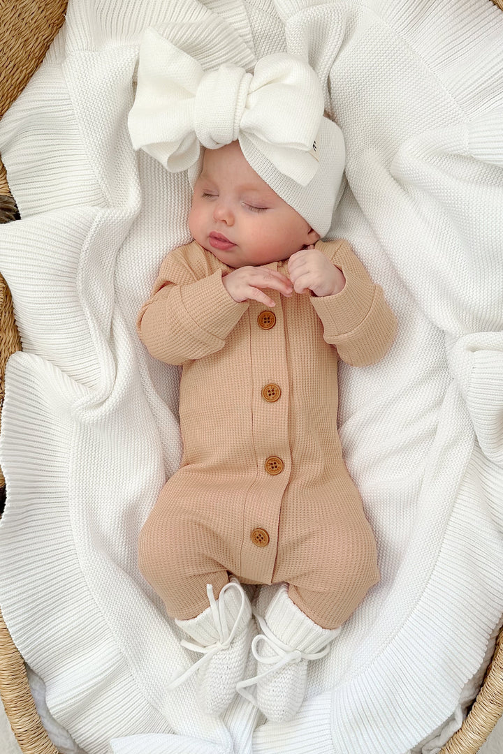Long Sleeve Waffle Louie Romper - Biscuit