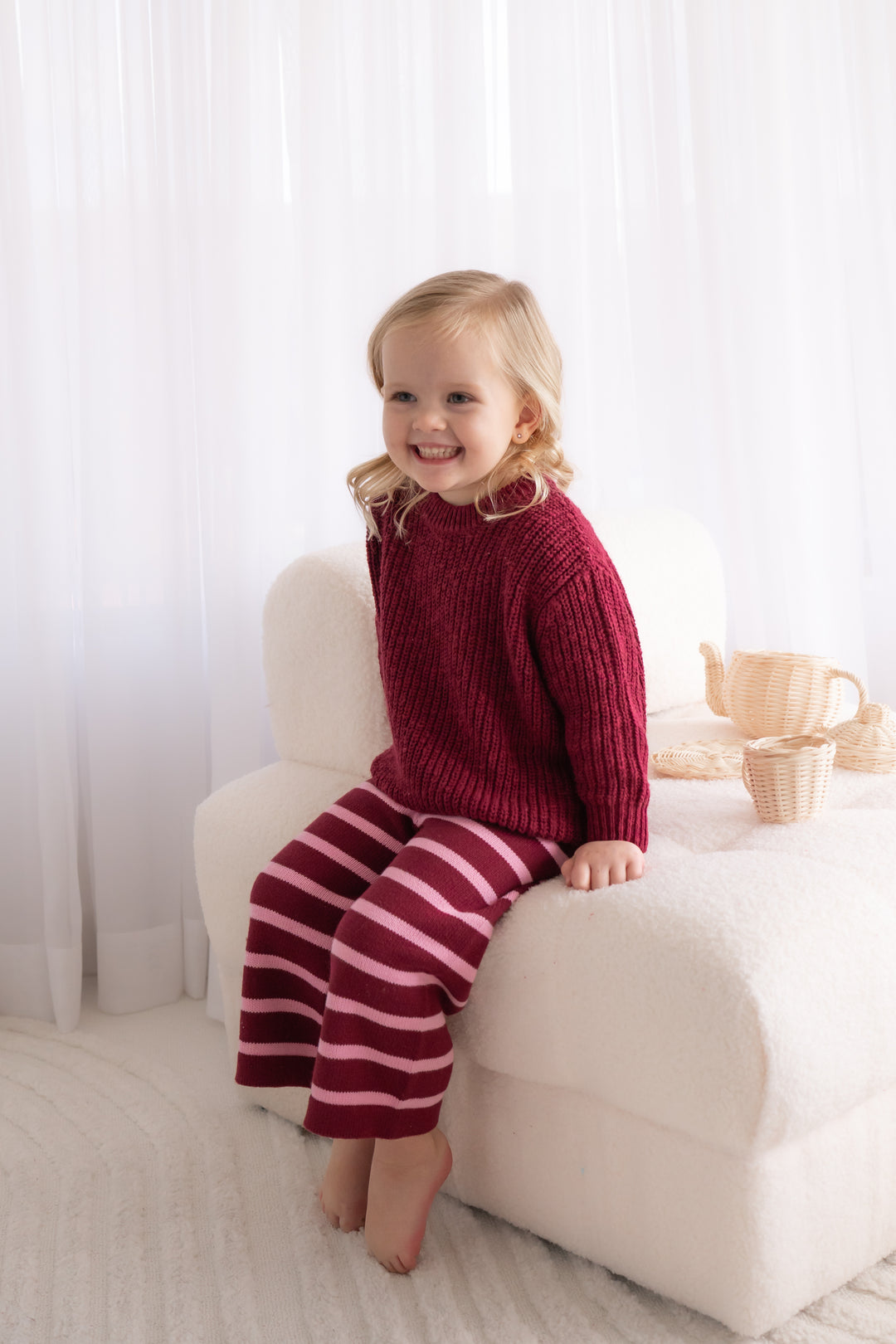 Knitted Wide Leg Pants - Merlot Stripe