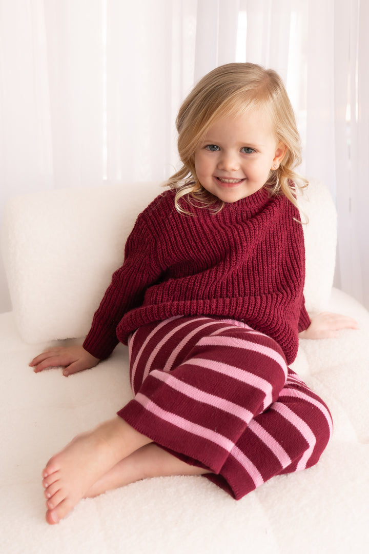 Knitted Wide Leg Pants - Merlot Stripe