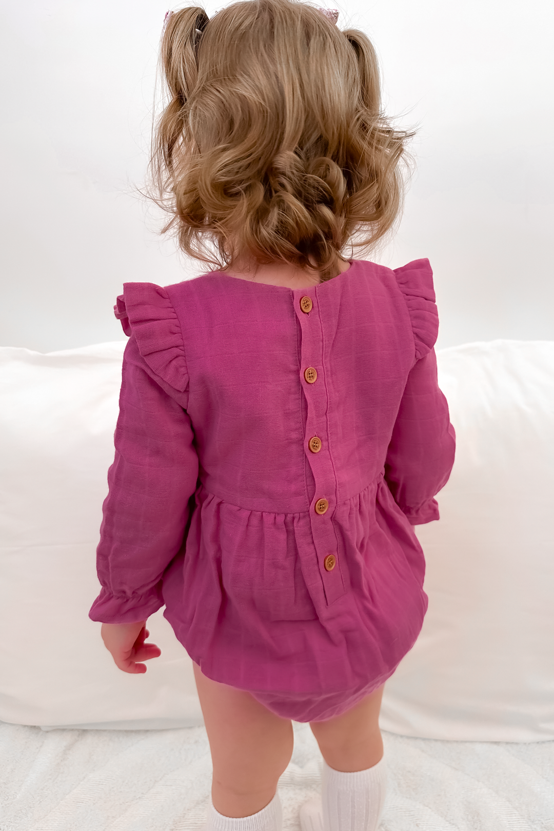 Muslin LS Bubble Romper - Wine Coulis