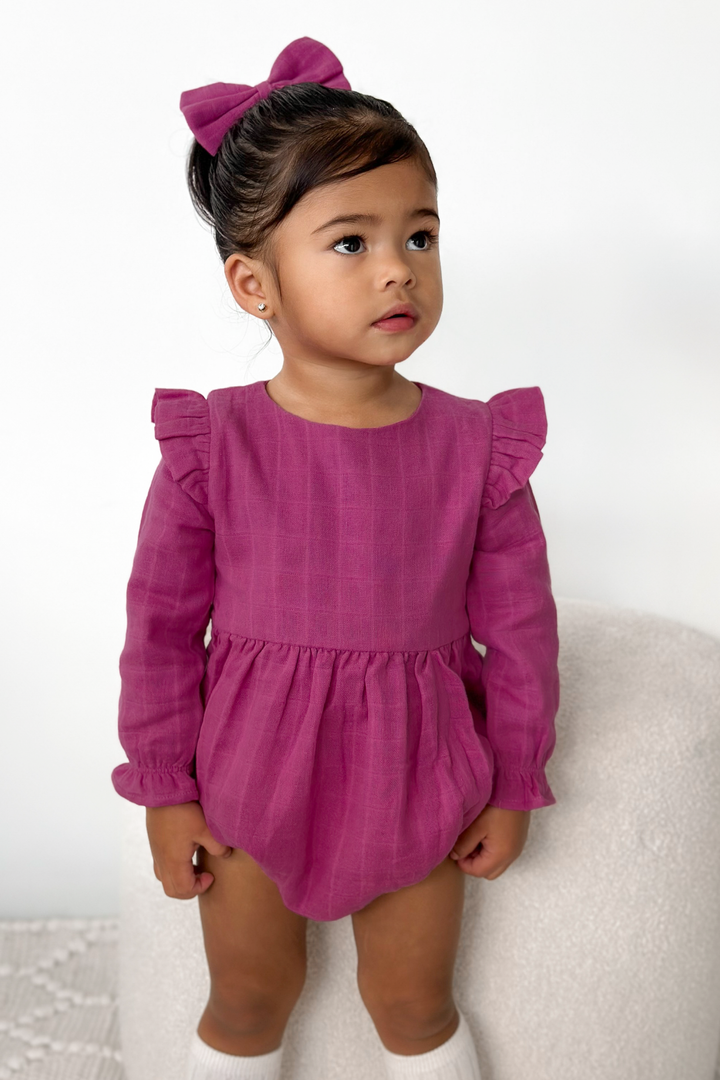 Muslin LS Bubble Romper - Wine Coulis