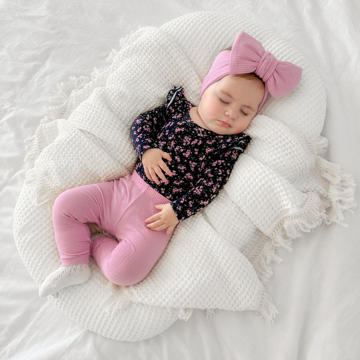 baby girls long sleeve floral bodysuit navy base with pink flowers 