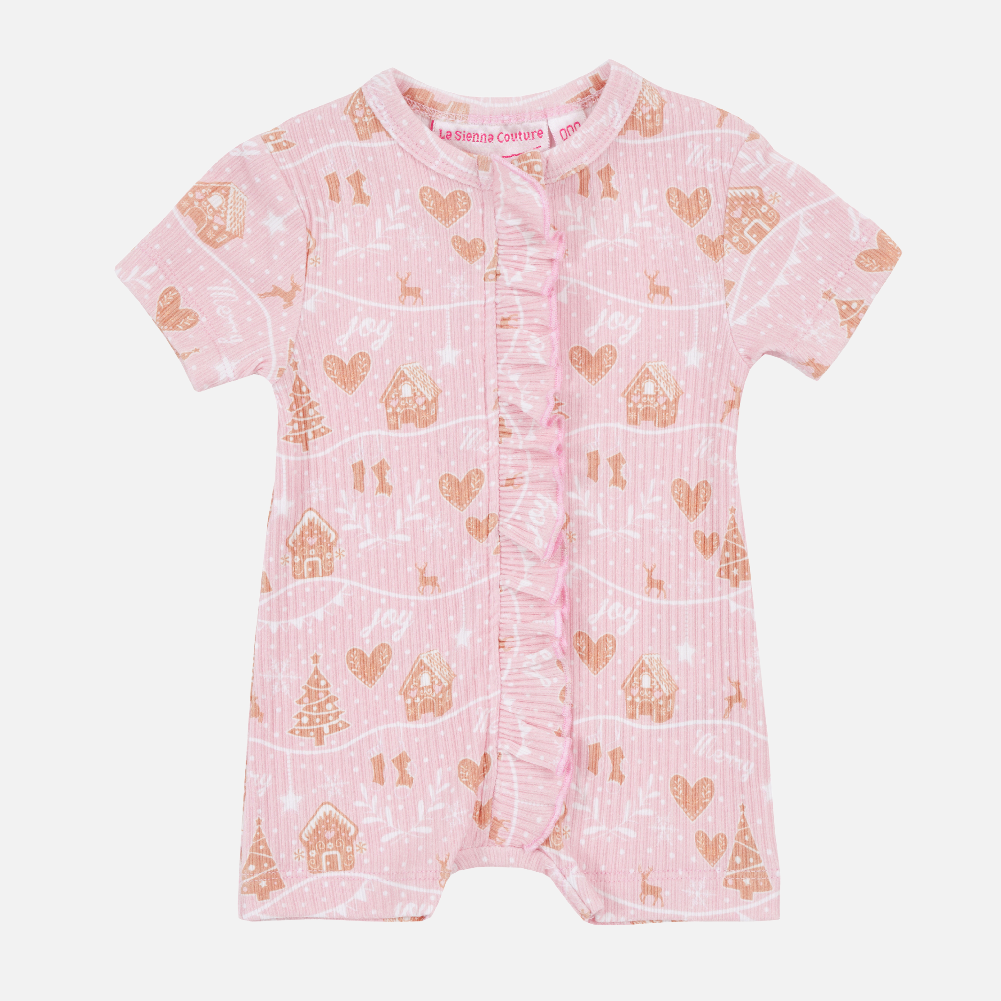 Cozy Summer Frilly Zip Romper - Pink Christmas Village – La Sienna Couture