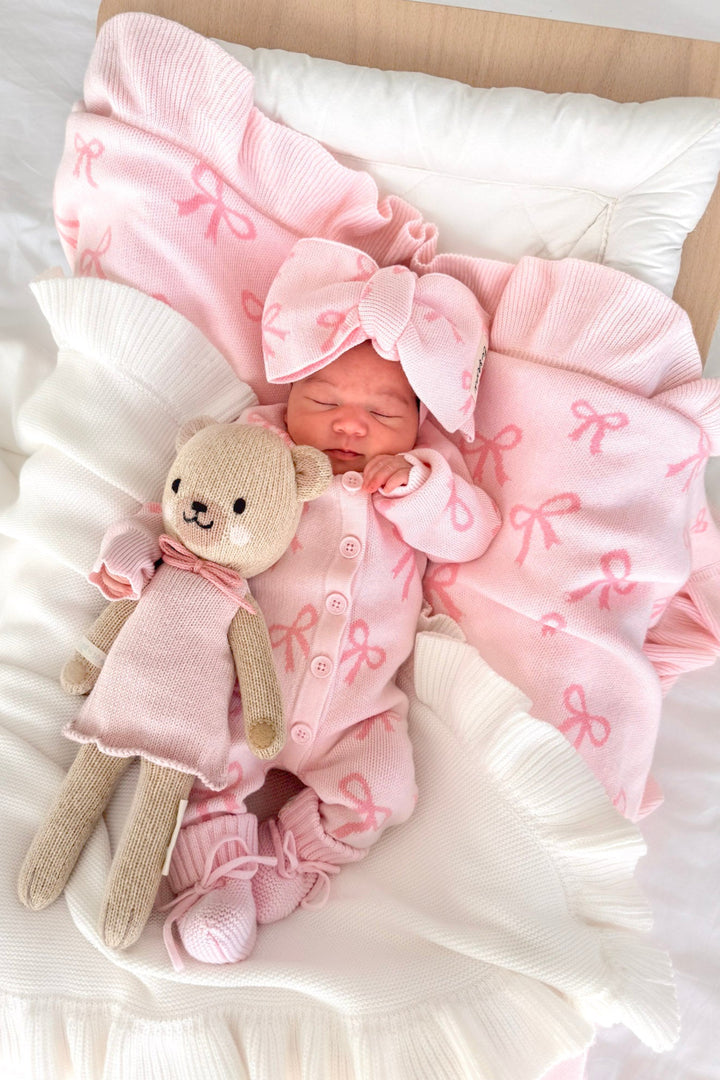 Knitted Sherpa Blanket - Pink Bows