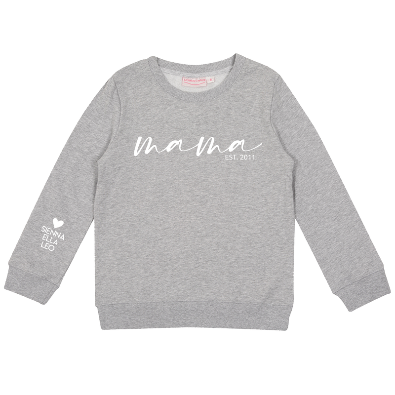 Personalised Mummy Crew Neck - Mama W/ Names on Sleeve - Grey