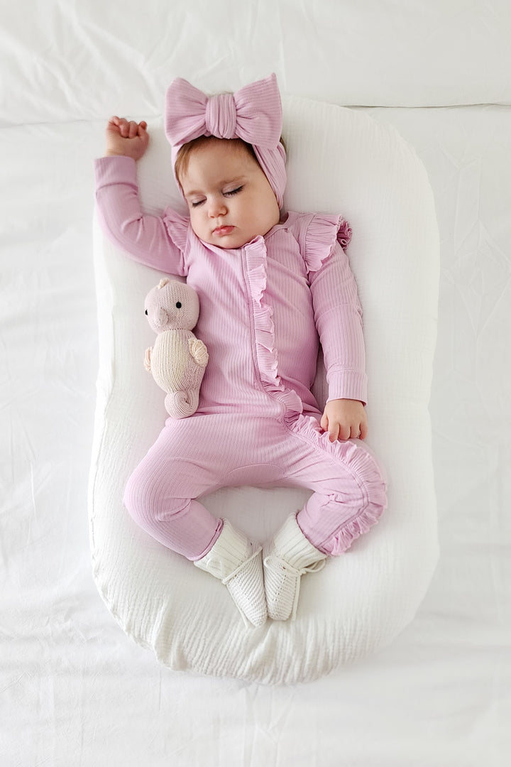 Cozy Frilly Zip Romper - Sweetest Lilac