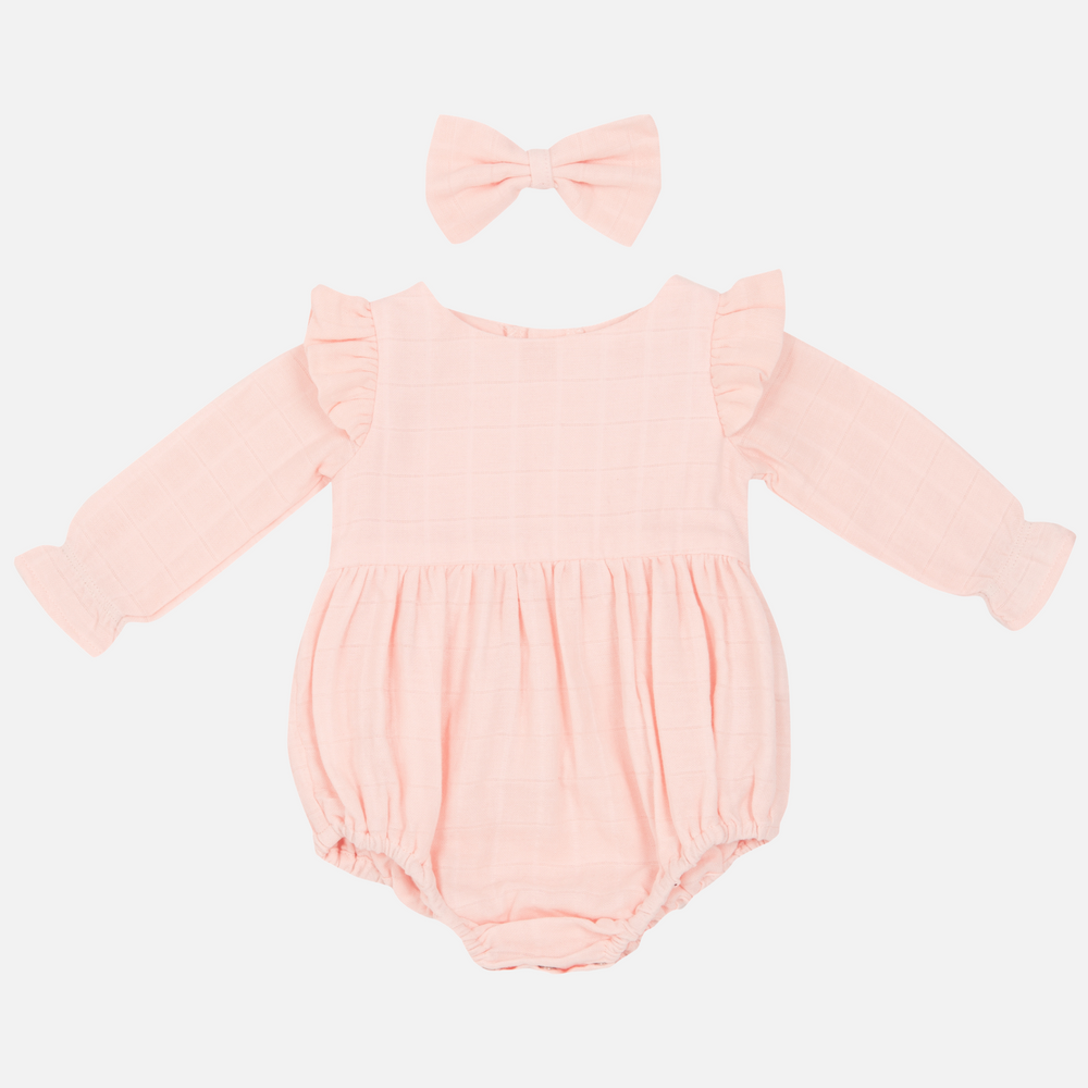 baby girl peach muslin long sleeve romper with bow