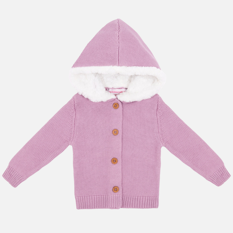 Fur Hood Knitted Cardigan - Deep Orchid