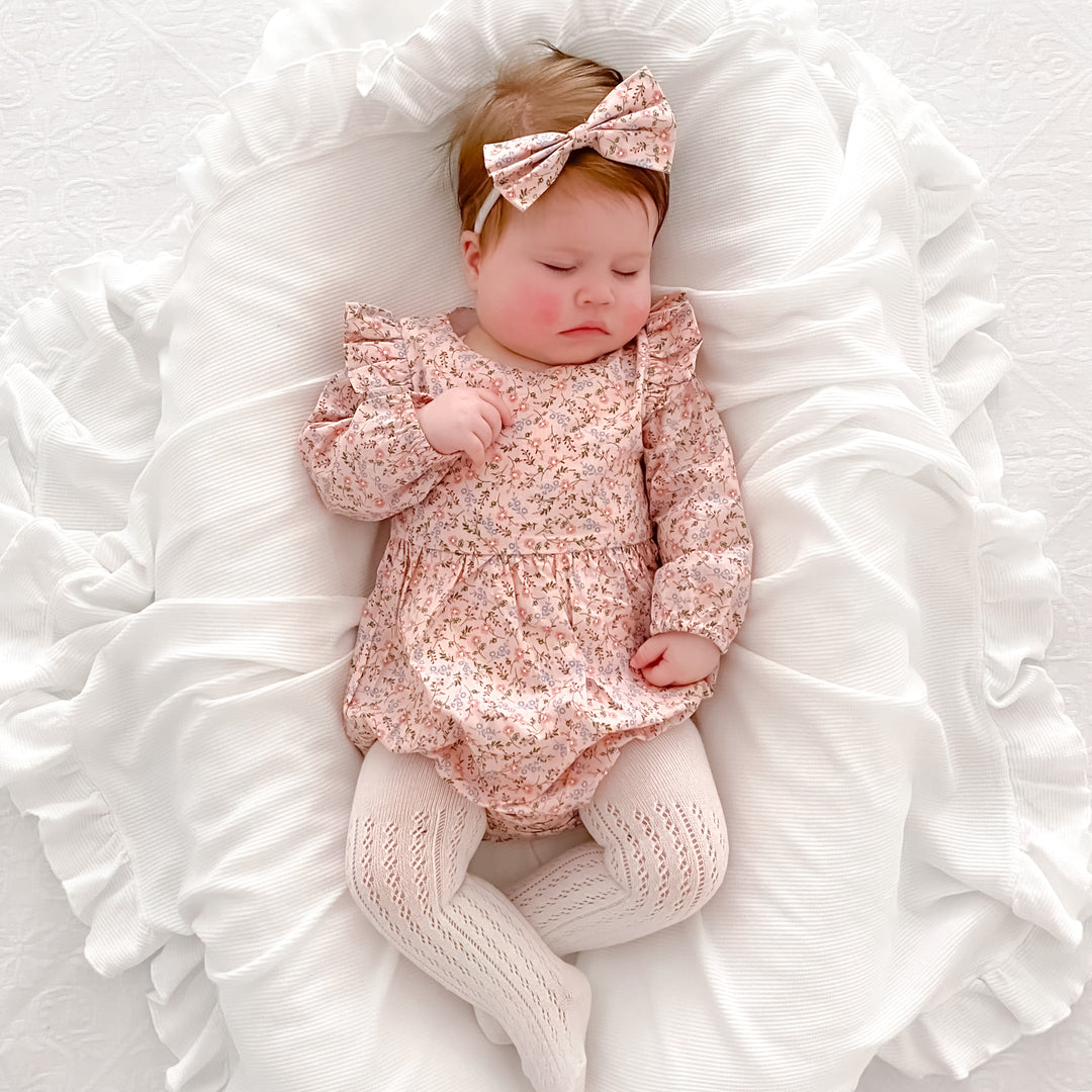 baby girls floral pink long sleeve zipper romper with bow