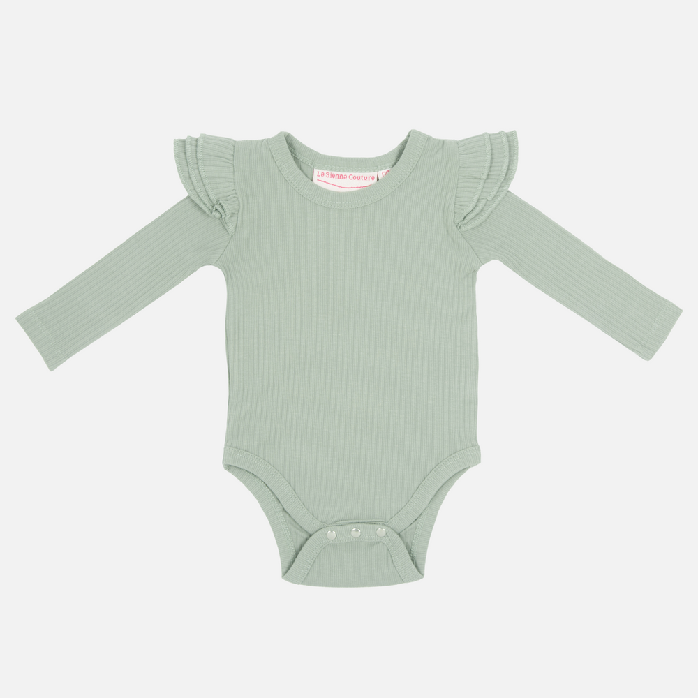 Baby girls basil green ribbed long sleeve bodysuit with flutter