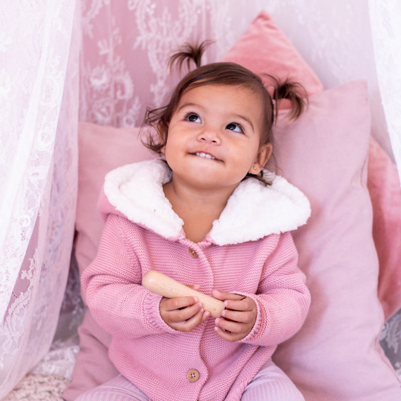 Fur Hood Knitted Cardigan - Rosewater
