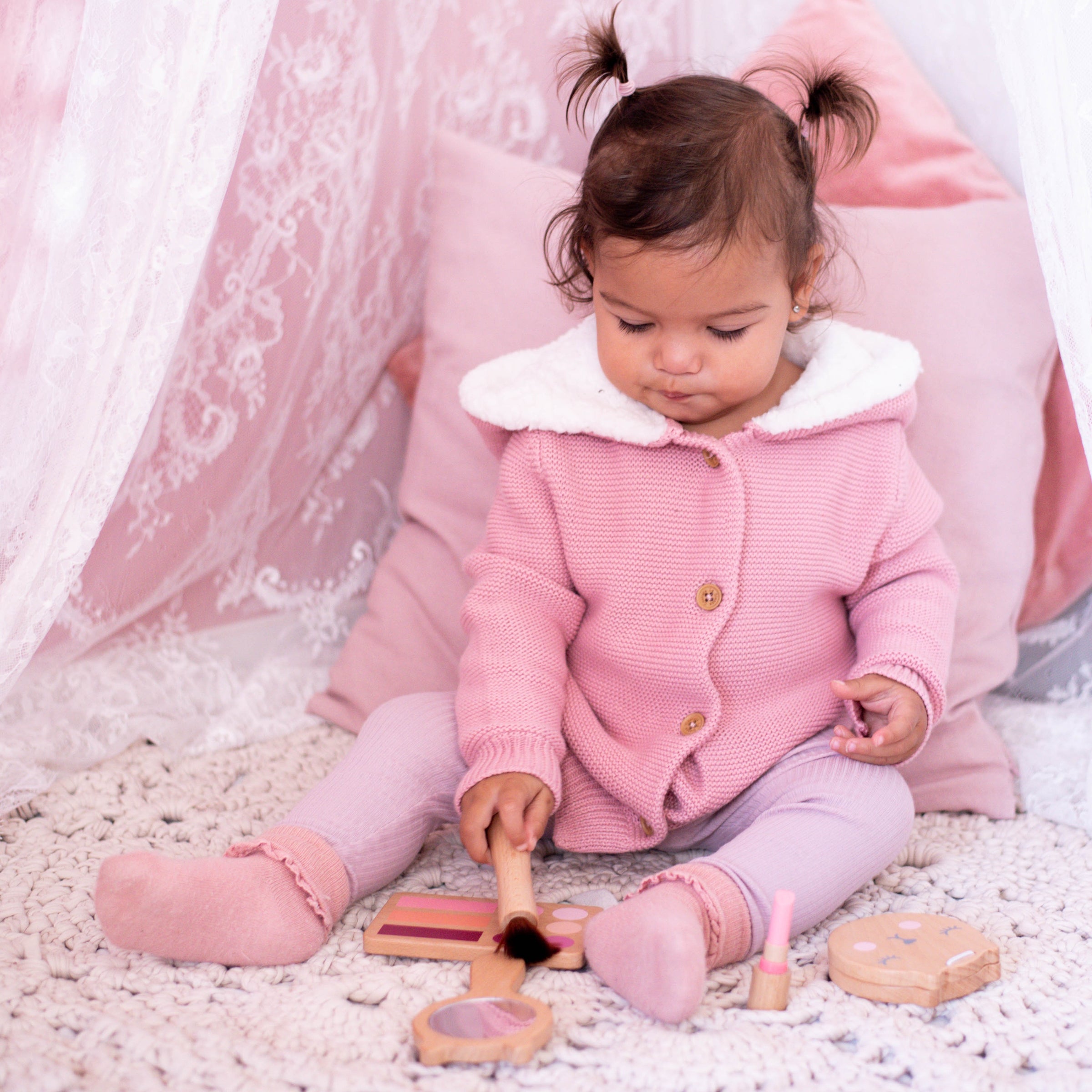 Fur Hood Knitted Cardigan - Rosewater
