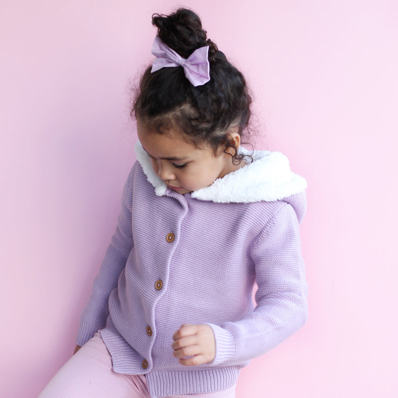 Fur Hood Knitted Cardigan - Deep Orchid