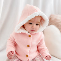 Fur Hood Knitted Cardigan - Peachy Pink