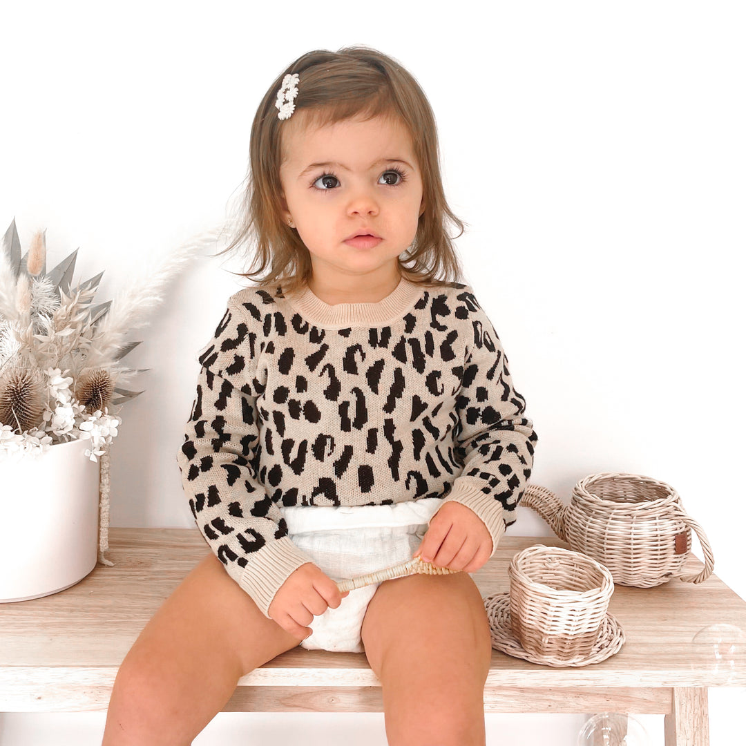 baby girls oatmeal leopard long sleeve knit jumper