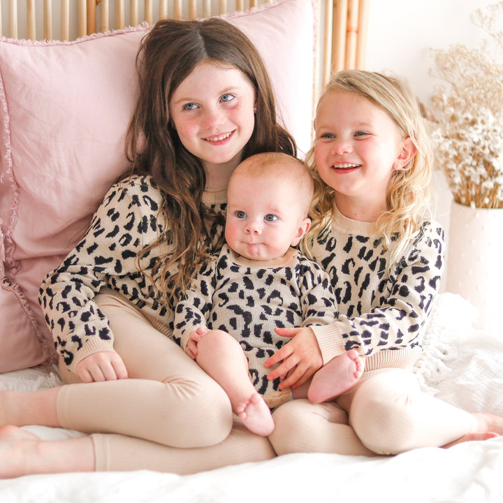 baby girls oatmeal leopard long sleeve knit jumper