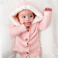 Fur Hood Knitted Cardigan - Peachy Pink