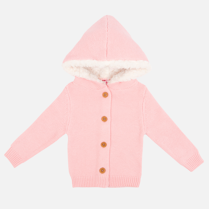 Fur Hood Knitted Cardigan - Peachy Pink