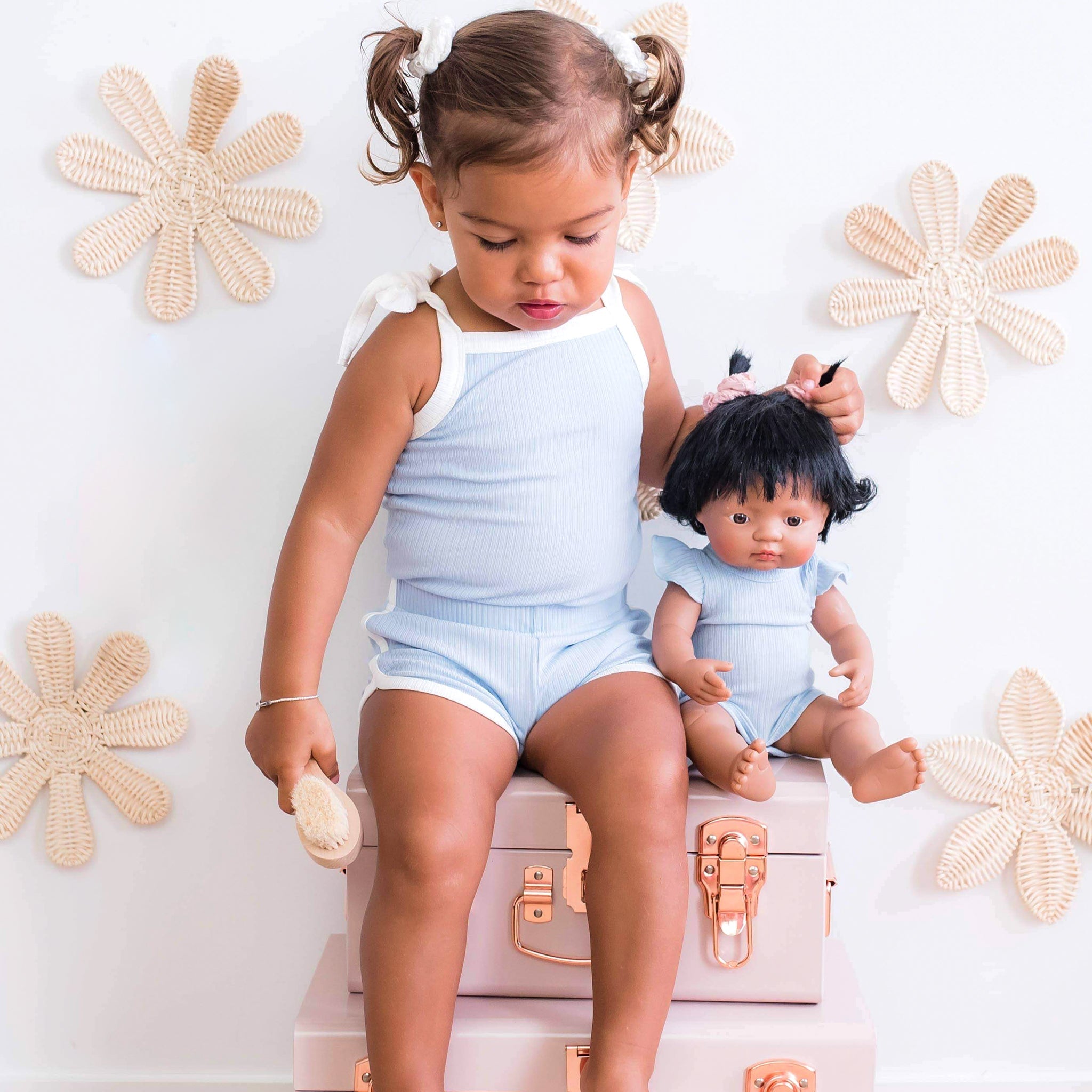 Cozy Vintage Tie-Up Singlet & Shorts Set - Dove Blue