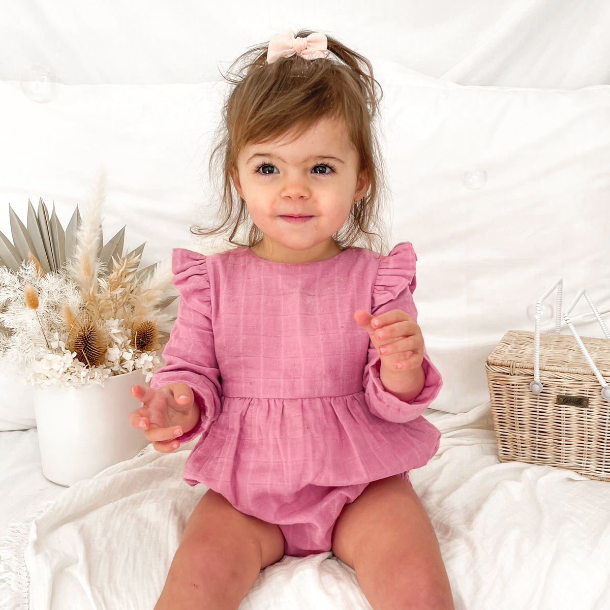 Muslin LS Bubble Romper - Rose Mist