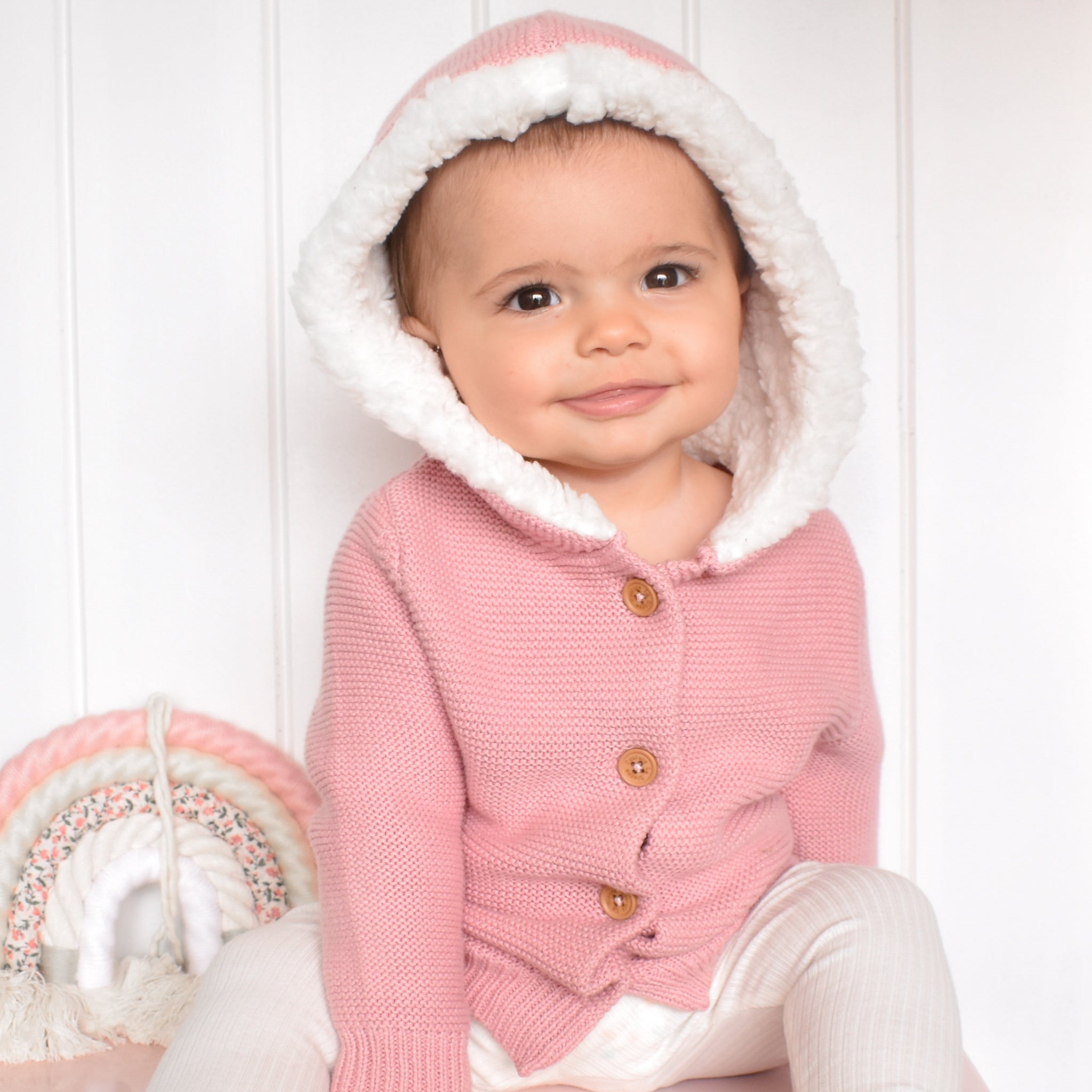 Fur Hood Knitted Cardigan - Rosewater
