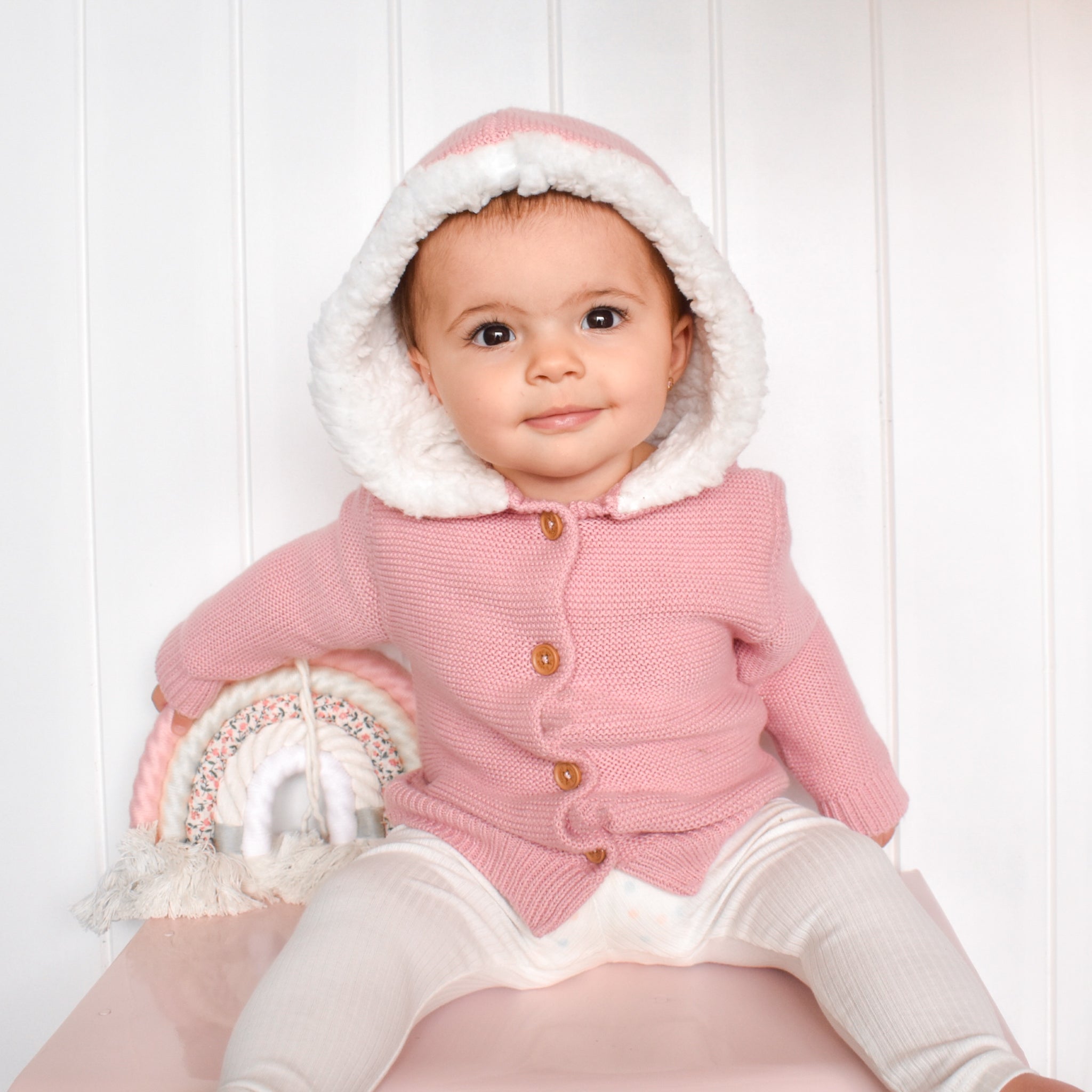 Fur Hood Knitted Cardigan - Rosewater