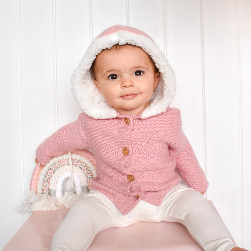 Fur Hood Knitted Cardigan - Rosewater