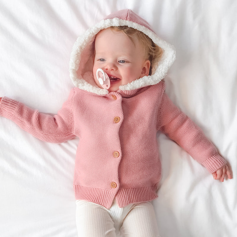 Fur Hood Knitted Cardigan - Rosewater