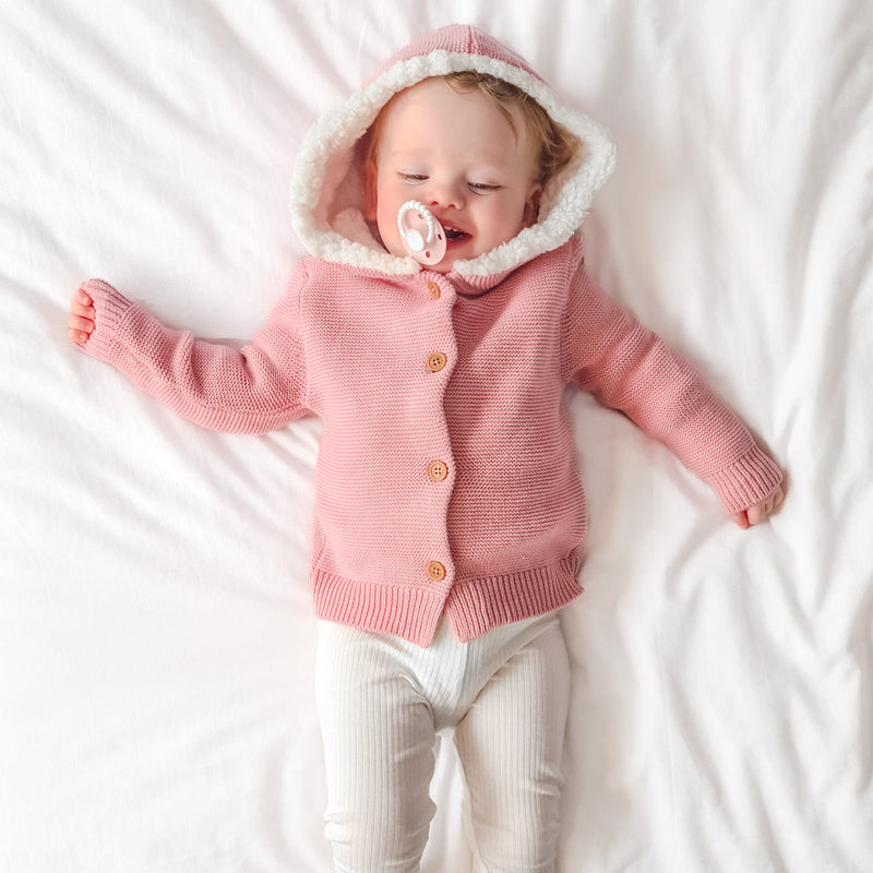 Fur Hood Knitted Cardigan - Rosewater