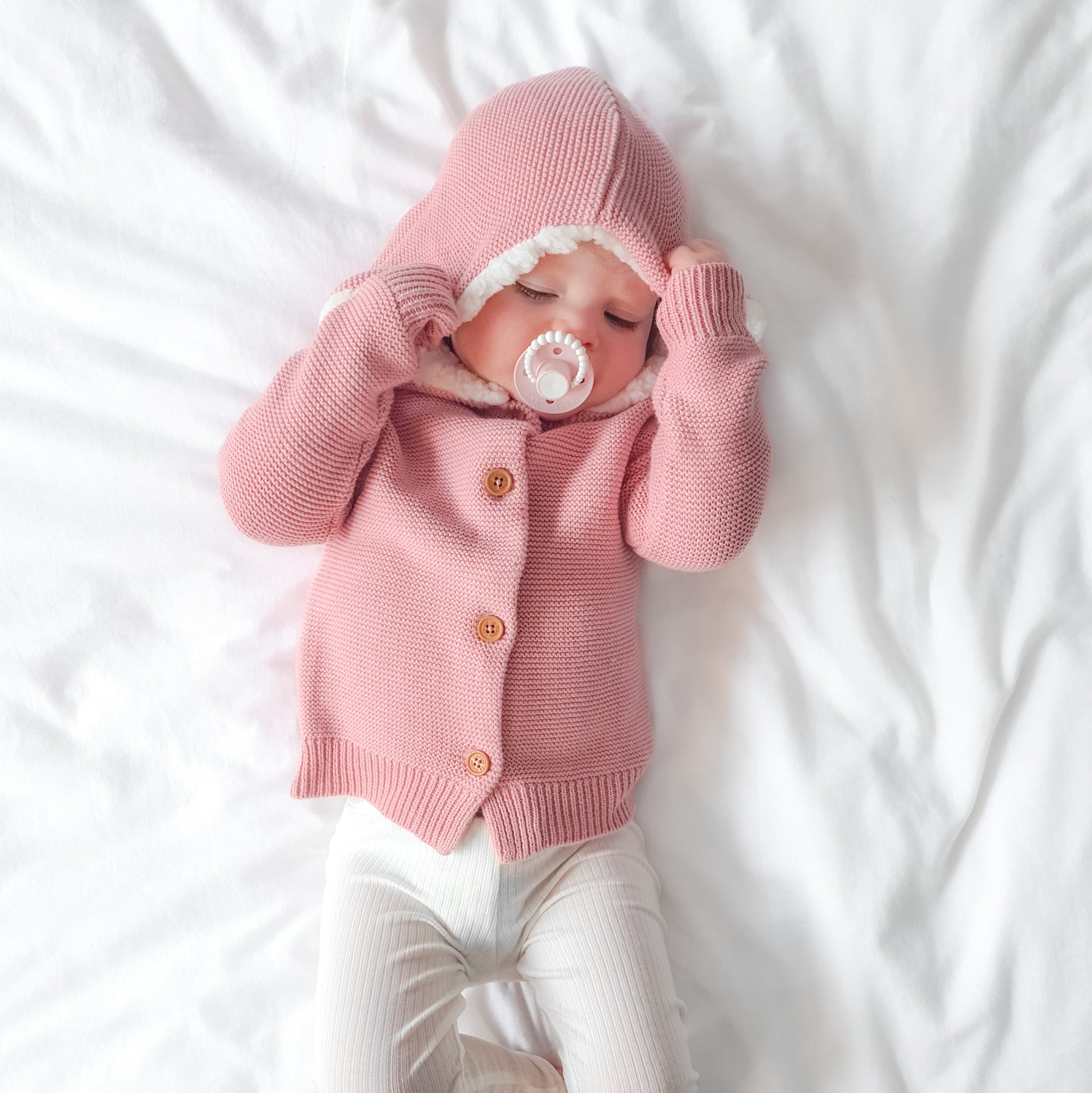 Fur Hood Knitted Cardigan - Rosewater
