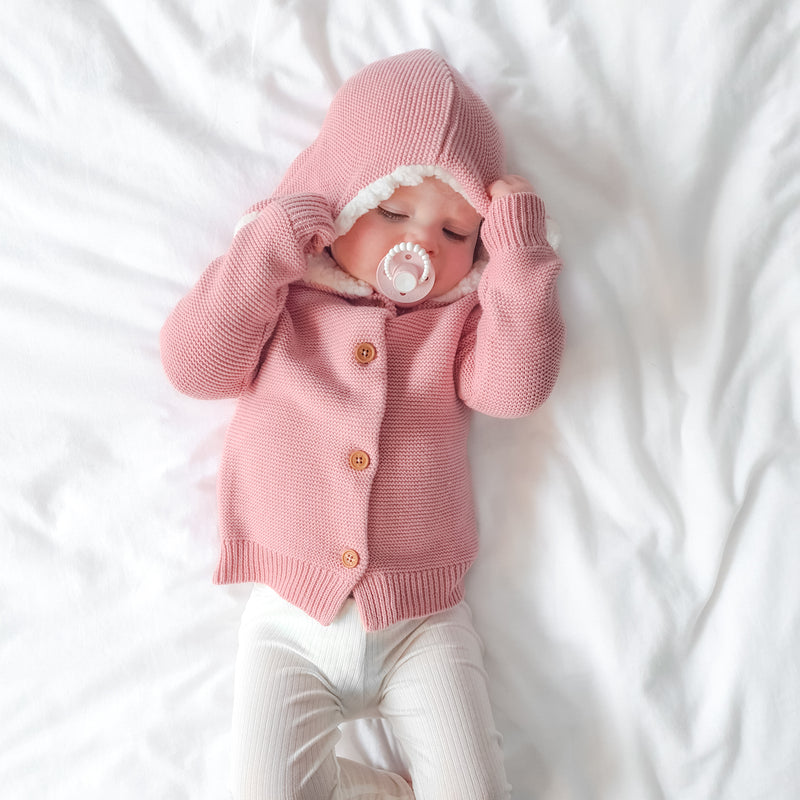 Fur Hood Knitted Cardigan - Rosewater
