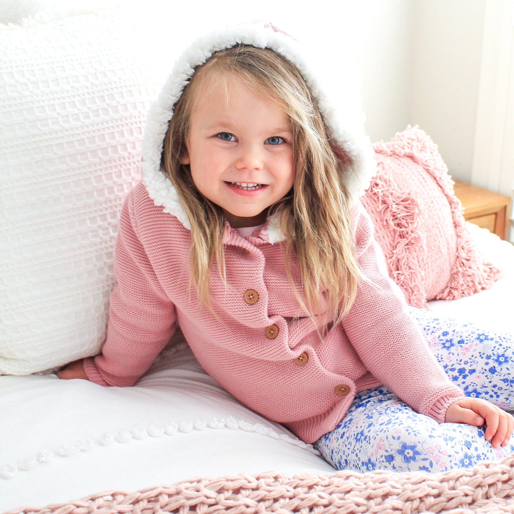 Fur Hood Knitted Cardigan - Rosewater