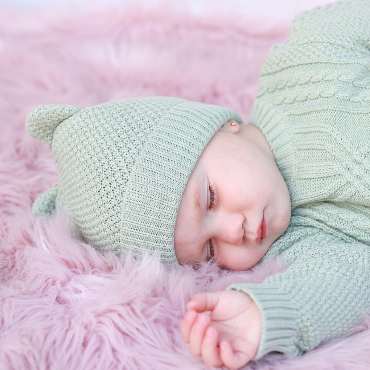 Knitted Bear Beanie - Sage