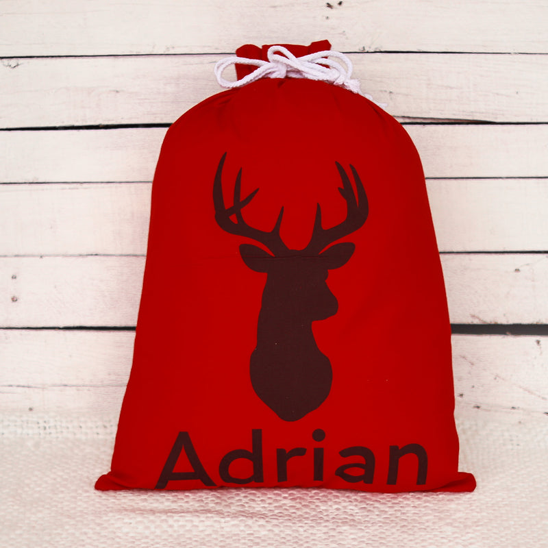 Red Santa Sack - Deer - Custom Name