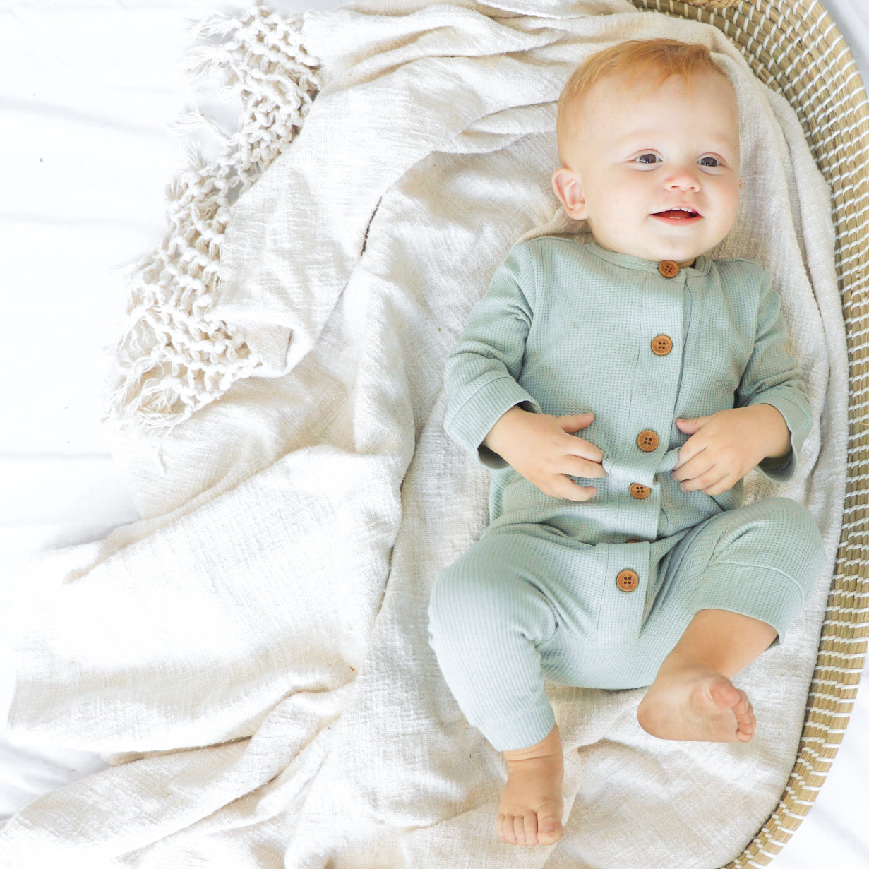 Waffle Long Sleeve Louie Romper - Seafoam