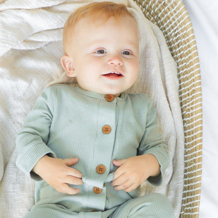 Waffle Long Sleeve Louie Romper - Seafoam