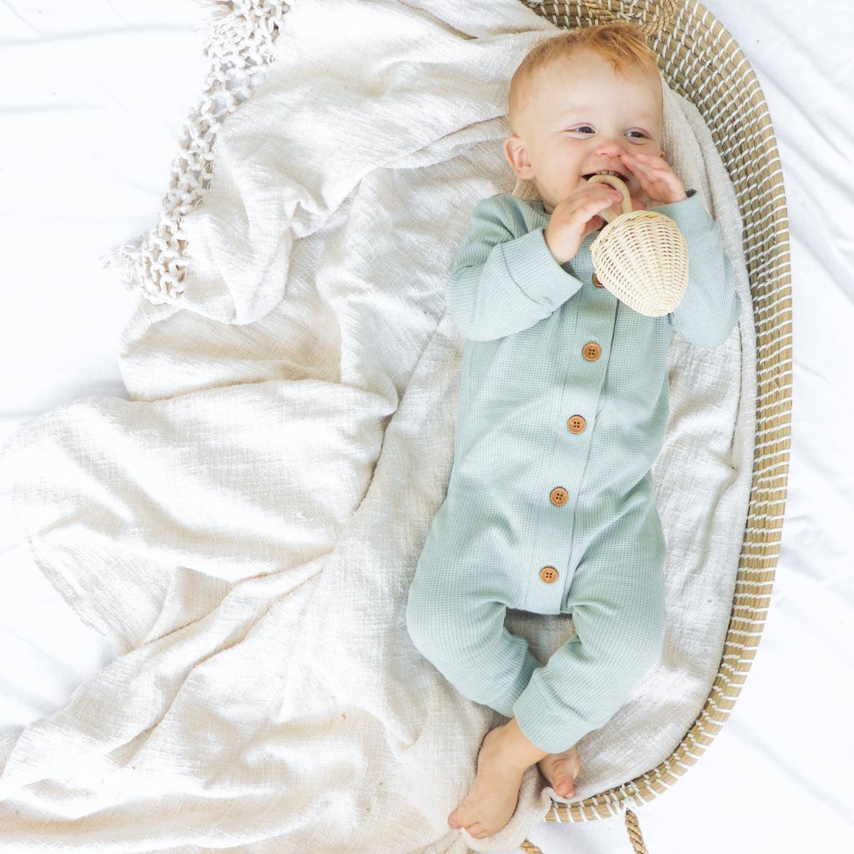 Waffle Long Sleeve Louie Romper - Seafoam