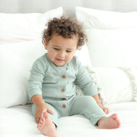 Waffle Long Sleeve Louie Romper - Seafoam