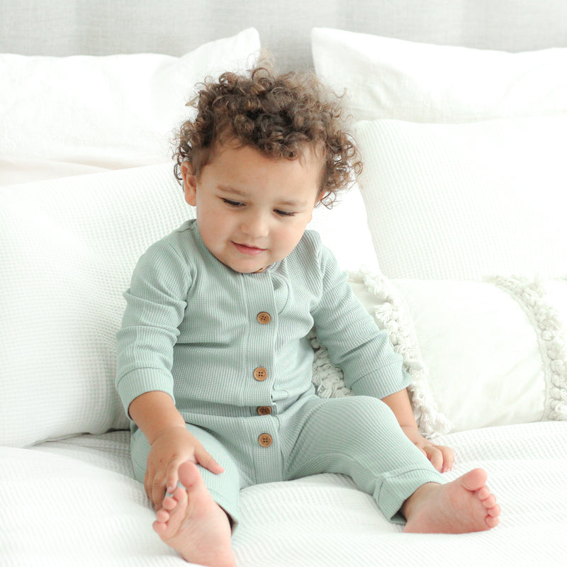 Waffle Long Sleeve Louie Romper - Seafoam