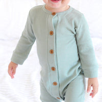 Waffle Long Sleeve Louie Romper - Seafoam