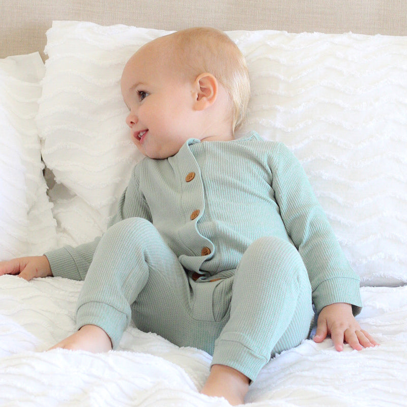 Waffle Long Sleeve Louie Romper - Seafoam