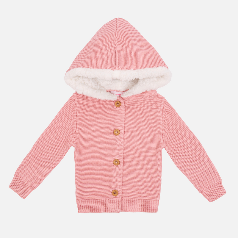 Fur Hood Knitted Cardigan - Rosewater